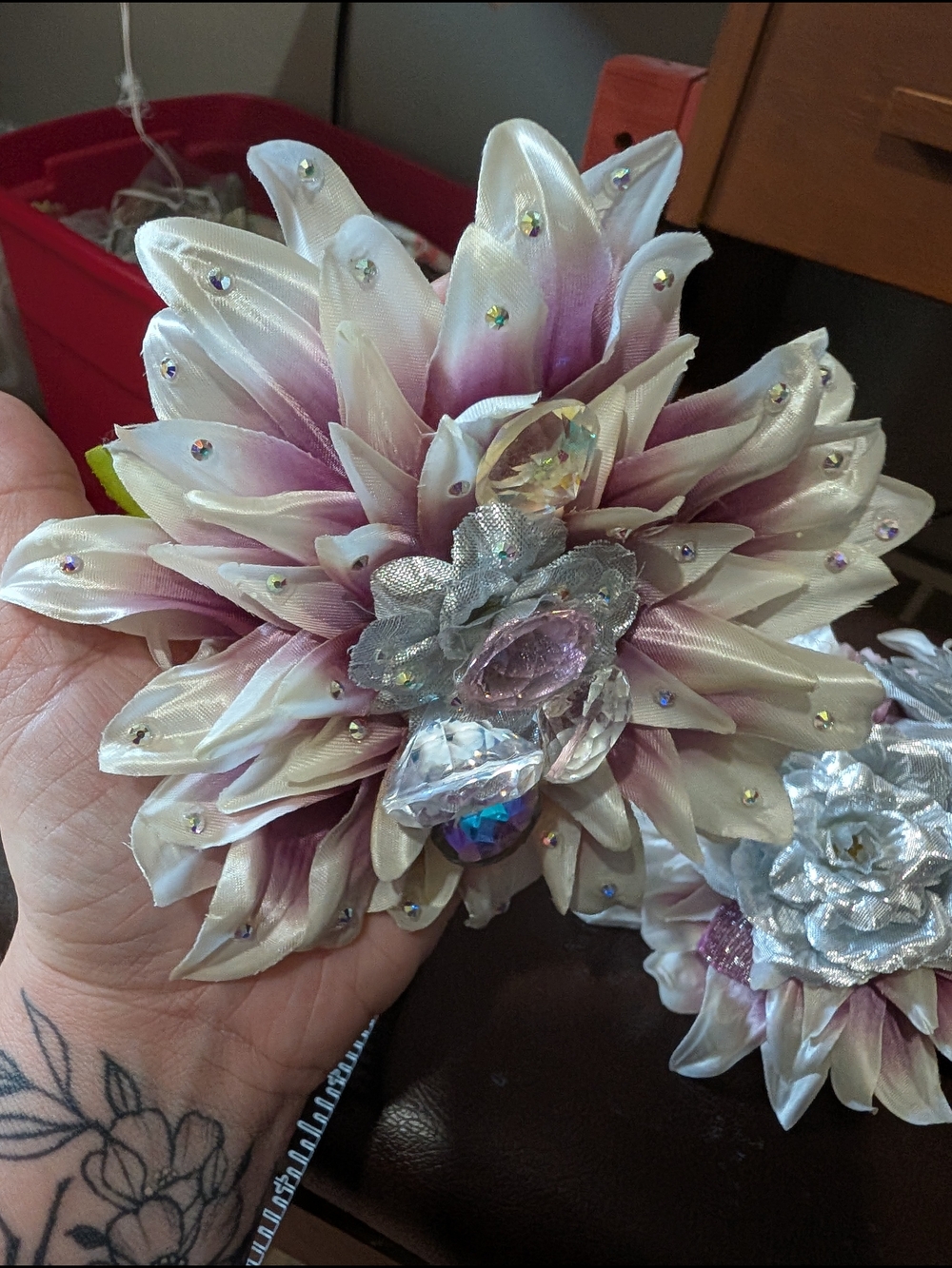 Pink & Silver Floral Hair Clips - Sparkling Petal Accents - Picture 3 of 12